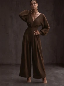 SHEIN Fashionable New Autumn/Winter Deep V-Neck Casual Top And Ruffled Wide-Leg Pants Women's Two Pieces Set,Halloween Work Outfits Brown Going Out Festival - Brown - View 5