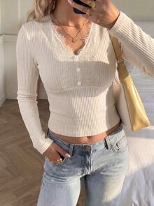 Lucivie Women Fall Solid Lace Patchwork V Neck Button Ribbed Long Sleeve Slim Crop Top Spring Autumn Daily Shopping Street Dating Casual T-Shirt Ladies - Apricot - View 2