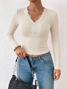 Lucivie Women Fall Solid Lace Patchwork V Neck Button Ribbed Long Sleeve Slim Crop Top Spring Autumn Daily Shopping Street Dating Casual T-Shirt Ladies - Apricot - View 5