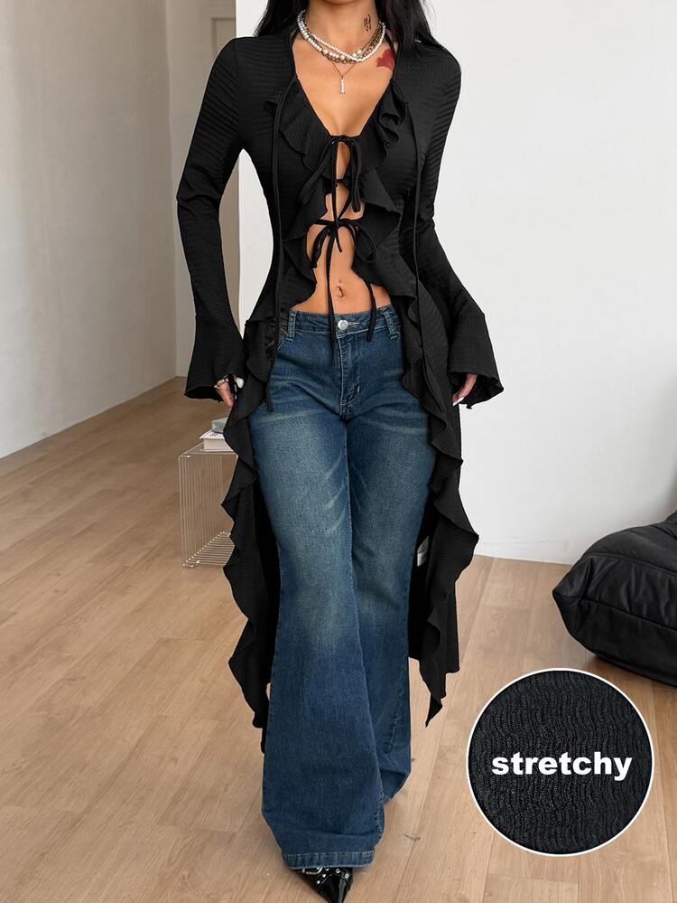 Coolane Women's Fall/Winter Streetwear Casual Party Y2k Beach Outfits Vacation Elegant Stretchy Textured Ruffle Black Long Sleeve Straps Long Cardigans - Black - View 1