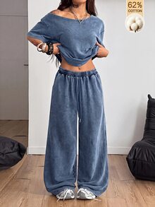 Coolane 女款夏季街頭風休閒外出旅行運動水洗100%純棉淺藍色寬鬆不對稱領口T恤褲子2件套 - 藏蓝色 - 查看 3