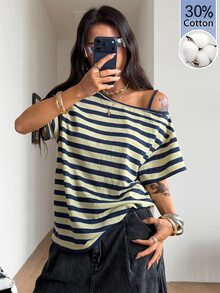 Coolane 女款四季外穿性感街頭風 Y2K 時尚復古日常休閒 30%棉舒適黃色條紋不對稱領口 T-shirt - 彩色 - 查看 2