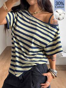 Coolane 女款四季外穿性感街頭風 Y2K 時尚復古日常休閒 30%棉舒適黃色條紋不對稱領口 T-shirt - 彩色 - 查看 5