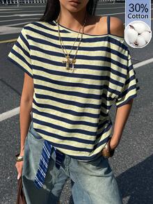 Coolane 女款四季外穿性感街頭風 Y2K 時尚復古日常休閒 30%棉舒適黃色條紋不對稱領口 T-shirt - 彩色 - 查看 3