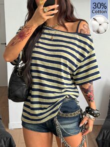 Coolane 女款四季外穿性感街頭風 Y2K 時尚復古日常休閒 30%棉舒適黃色條紋不對稱領口 T-shirt - 彩色 - 查看 9
