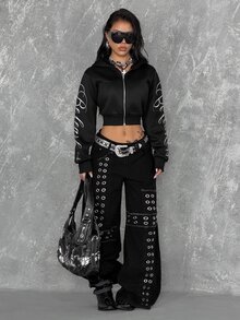 Coolane 女款秋冬街頭風 Y2K 龐克哥德 Grunge 音樂會穿搭 外出日常穿著 復古圖案亮片黑色修身拉鍊連帽外套 黑色上衣 - 黑色 - 查看 9