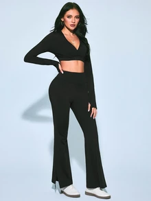SHEIN Sovereign Charm Cross V-Neck Long Sleeve Split Flare Leg Athletic Set - Blue - View 5