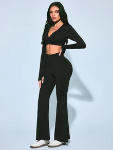 SHEIN Sovereign Charm Cross V-Neck Long Sleeve Split Flare Leg Athletic Set - Blue - View 4
