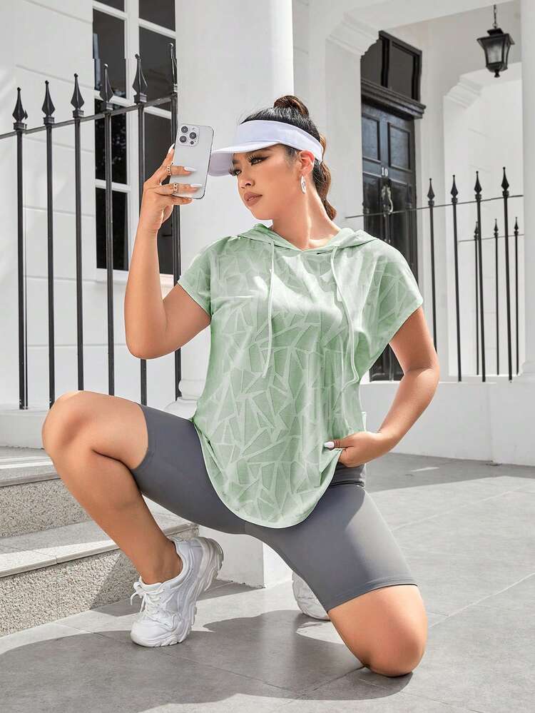 SHEIN Rhythm Era Plus Size Hooded Solid Color Casual Short Sleeve T-Shirt,Summer Workout Tops Women Loose,Light Green,Athletic,Midsize,Gym Workout T Shirts Blouse - Green - View 5