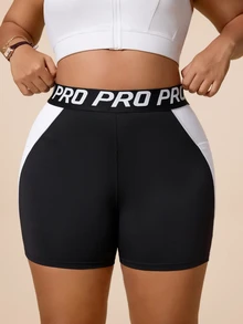 SHEIN Rhythm Era Women's Plus Size Colorblock Patchwork Sports Shorts - Black and White - View 4