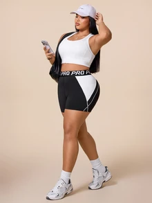 SHEIN Rhythm Era Women's Plus Size Colorblock Patchwork Sports Shorts - Black and White - View 7