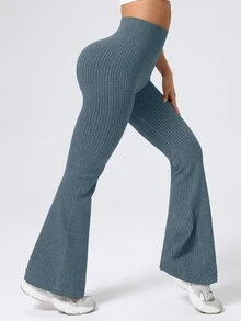 Dewbera Dewbera Women's Solid Color Ribbed Seamless Yoga Flare Leggings - Dusty Blue - View 5
