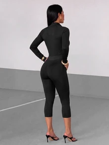 Sirith Long Sleeve Zipper Back Detachable Sports Yoga Fitness Jumpsuit/ - Black - View 4