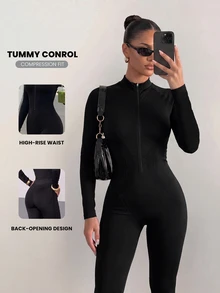 Sirith Long Sleeve Zipper Back Detachable Sports Yoga Fitness Jumpsuit/ - Black - View 1