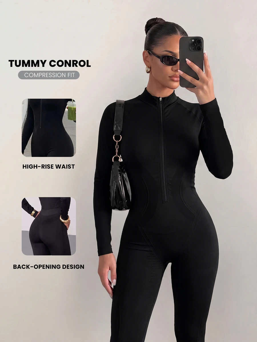 Sirith Long Sleeve Zipper Back Detachable Sports Yoga Fitness Jumpsuit/ - Black - View 1