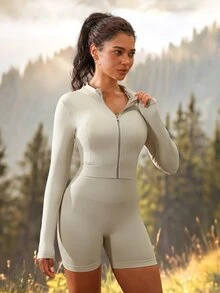 SHEIN Sports Women's Solid Color Zip-Up Long Sleeve Jacket And Shorts Casual Sports Set - Brown - View 4