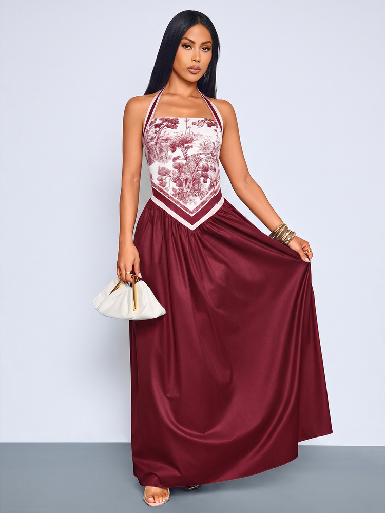 SOLERSUN Women's Scarf Print Halter Neck Patchwork Smocked Backless Tie Neck A-Line Printed Panel Dress - Burgundy - View 3