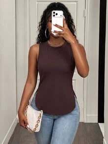 BamGleam Women's Casual Solid Color Split Hem Tank Top, Summer - Brown - View 2