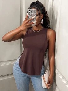 BamGleam Women's Casual Solid Color Split Hem Tank Top, Summer - Brown - View 7
