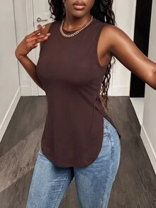 BamGleam Women's Casual Solid Color Split Hem Tank Top, Summer - Brown - View 3