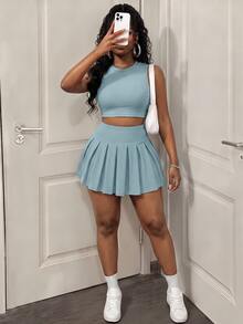 BamGleam 2pcs Women Solid Color Tank Top And Pleated Skirt Set - Baby Blue - View 6