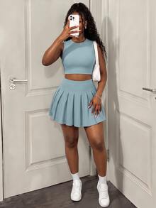 BamGleam 2pcs Women Solid Color Tank Top And Pleated Skirt Set - Baby Blue - View 2