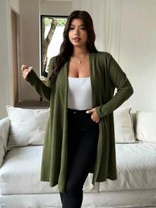 Vionelle Plus Size Casual Vacation Long Sleeve Knit Cardigan - Army Green - View 3