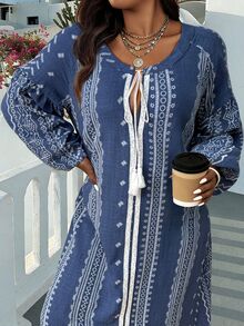 Ceyna 大尺碼保守波希米亞風藍白印花長版和服袖束腰洋裝，附口袋，適合秋季度假 - 藏蓝色 - 查看 4