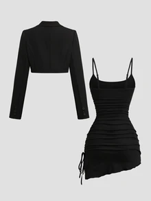 Sweetra Summer Sexy Girl Suit, Slimming Long Sleeve Short Blazer And Bodycon Dress 2 Pieces Set Night Out Black - Black - View 2
