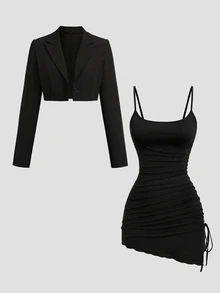 Sweetra Summer Sexy Girl Suit, Slimming Long Sleeve Short Blazer And Bodycon Dress 2 Pieces Set Night Out Black - Black - View 5