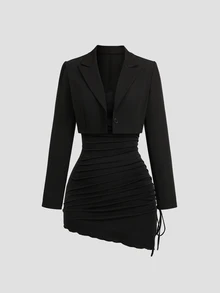 Sweetra Summer Sexy Girl Suit, Slimming Long Sleeve Short Blazer And Bodycon Dress 2 Pieces Set Night Out Black - Black - View 1