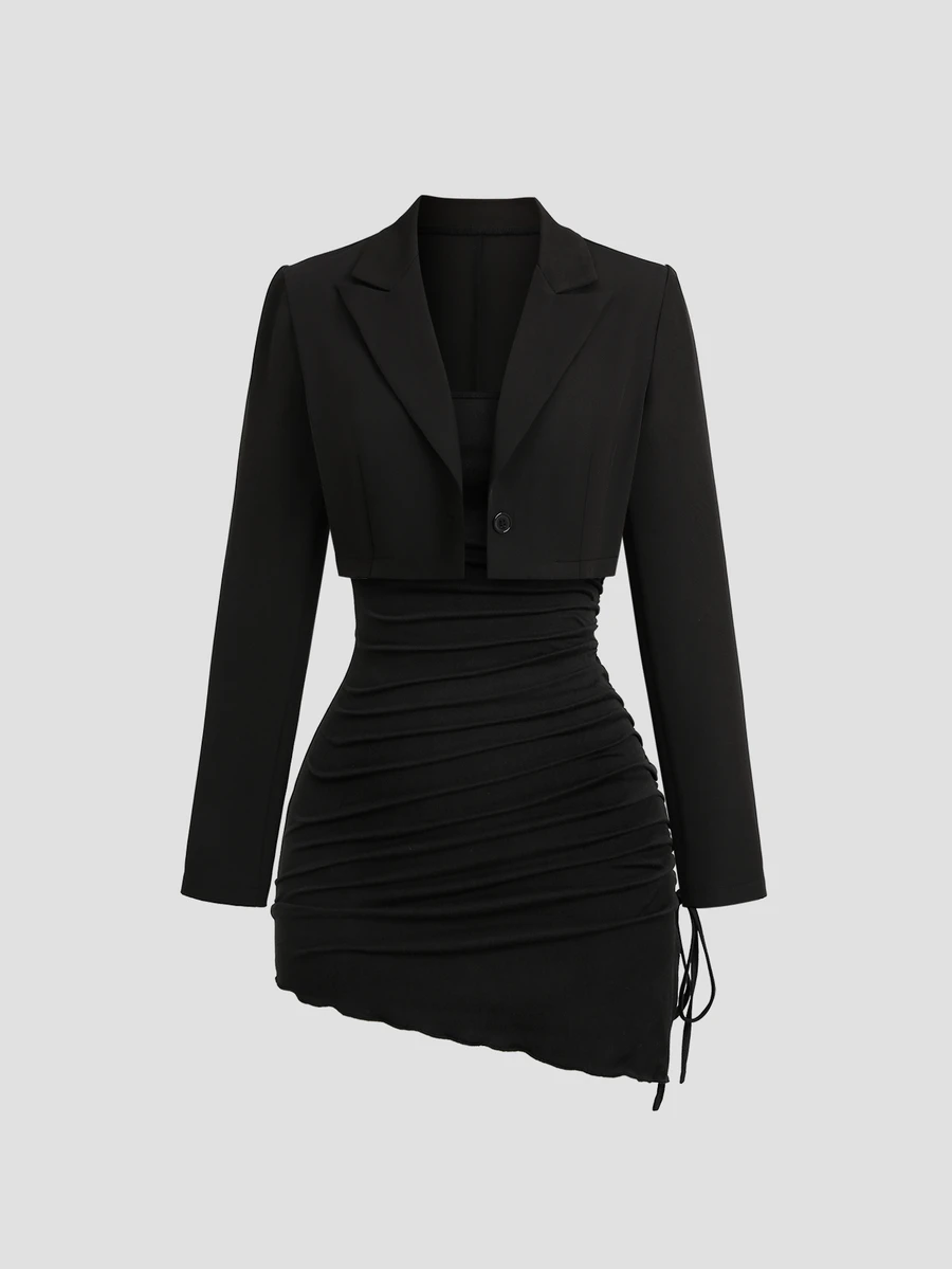 Sweetra Summer Sexy Girl Suit, Slimming Long Sleeve Short Blazer And Bodycon Dress 2 Pieces Set Night Out Black - Black - View 1