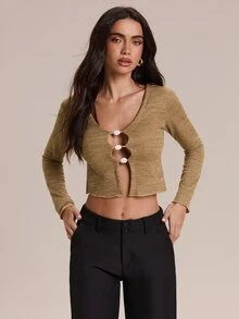 Glamine Atasan Rajut Lengan Pendek Panjang dengan Manik-Manik Asimetris, Potongan Slim Fit, Atasan Layering Pendek, Pakaian Luar Serbaguna Bertekstur untuk Musim Semi/Gugur; Cocok untuk Perjalanan Sehari-hari, Pakaian Kampus, Kunjungan Kafe, Kencan Pasangan, Perjalanan ke Pantai, Piknik di Luar Ruangan, Gaya Jalanan Vintage, Pakaian Kasual Sehari-hari - Khaki - View 7