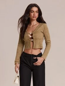 Glamine Atasan Rajut Lengan Pendek Panjang dengan Manik-Manik Asimetris, Potongan Slim Fit, Atasan Layering Pendek, Pakaian Luar Serbaguna Bertekstur untuk Musim Semi/Gugur; Cocok untuk Perjalanan Sehari-hari, Pakaian Kampus, Kunjungan Kafe, Kencan Pasangan, Perjalanan ke Pantai, Piknik di Luar Ruangan, Gaya Jalanan Vintage, Pakaian Kasual Sehari-hari - Khaki - View 6