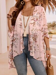 EMERY ROSE Plus Size Elegant Holiday Asymmetrical Hem Front Open Lightweight Summer Coat,Country Casual Vacation Women Western Wear,Fashionable Everyday Spring - Pink - View 5