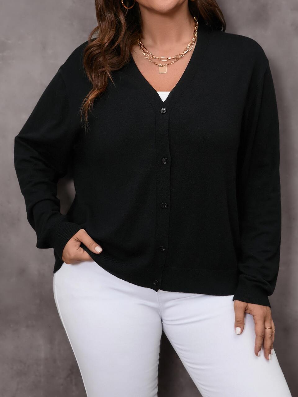 Plus Size Solid Color V-Neck Long Sleeve Cardigan Fall,Spring Fall Winter