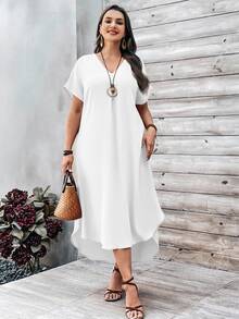 EMERY ROSE Plus Size Women Solid Color V-Neck Batwing Sleeve Casual Loose Midi Dress - White - View 5