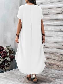EMERY ROSE Plus Size Women Solid Color V-Neck Batwing Sleeve Casual Loose Midi Dress - White - View 2