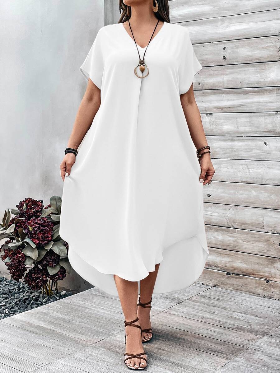 EMERY ROSE Plus Size Women Solid Color V-Neck Batwing Sleeve Casual Loose Midi Dress - White - View 1
