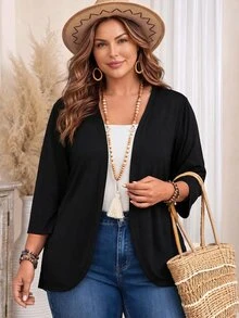 EMERY ROSE Chaqueta de ropa de mujer de talla grande casual y de unicolor para vacaciones y profesor en otoño - Negro - Ver 3