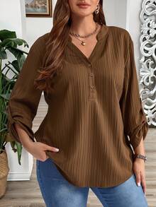 EMERY ROSE Plus Size Solid Color Notched Neck Roll Up Sleeve Casual Blouse Spring/Summer/Vacation Fall - Coffee Brown - View 2