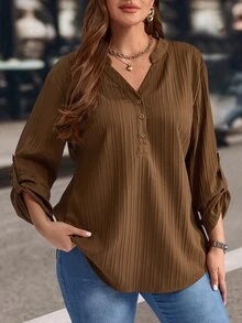 EMERY ROSE Plus Size Solid Color Notched Neck Roll Up Sleeve Casual Blouse Spring/Summer/Vacation Fall - Coffee Brown - View 10