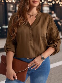 EMERY ROSE Plus Size Solid Color Notched Neck Roll Up Sleeve Casual Blouse Spring/Summer/Vacation Fall - Coffee Brown - View 9