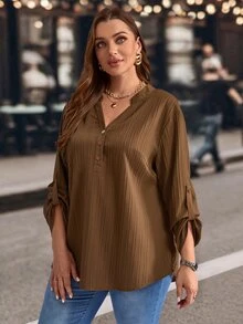 EMERY ROSE Plus Size Solid Color Notched Neck Roll Up Sleeve Casual Blouse Spring/Summer/Vacation Fall - Coffee Brown - View 5