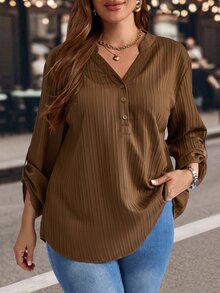 EMERY ROSE Plus Size Solid Color Notched Neck Roll Up Sleeve Casual Blouse Spring/Summer/Vacation Fall - Coffee Brown - View 8