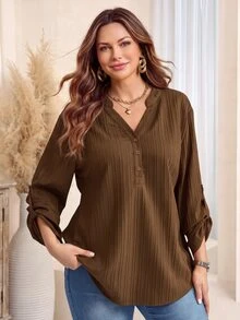 EMERY ROSE Plus Size Solid Color Notched Neck Roll Up Sleeve Casual Blouse Spring/Summer/Vacation Fall - Coffee Brown - View 4
