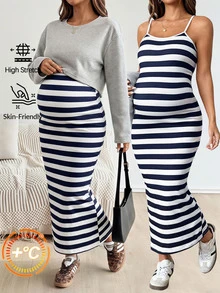 SHEIN 孕婦純色圓領長袖T恤與條紋細肩帶洋裝休閒兩件套 秋季 - 彩色 - 查看 4