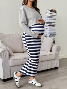 SHEIN 孕婦純色圓領長袖T恤與條紋細肩帶洋裝休閒兩件套 秋季 - 彩色 - 查看 7
