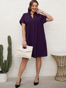 EMERY ROSE Women's Plus Size Purple Summer Dress: Short Sleeve, Notch Neckline, A-Line Cut - Purple - View 5