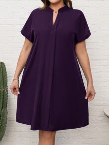 EMERY ROSE Women's Plus Size Purple Summer Dress: Short Sleeve, Notch Neckline, A-Line Cut - Purple - View 7